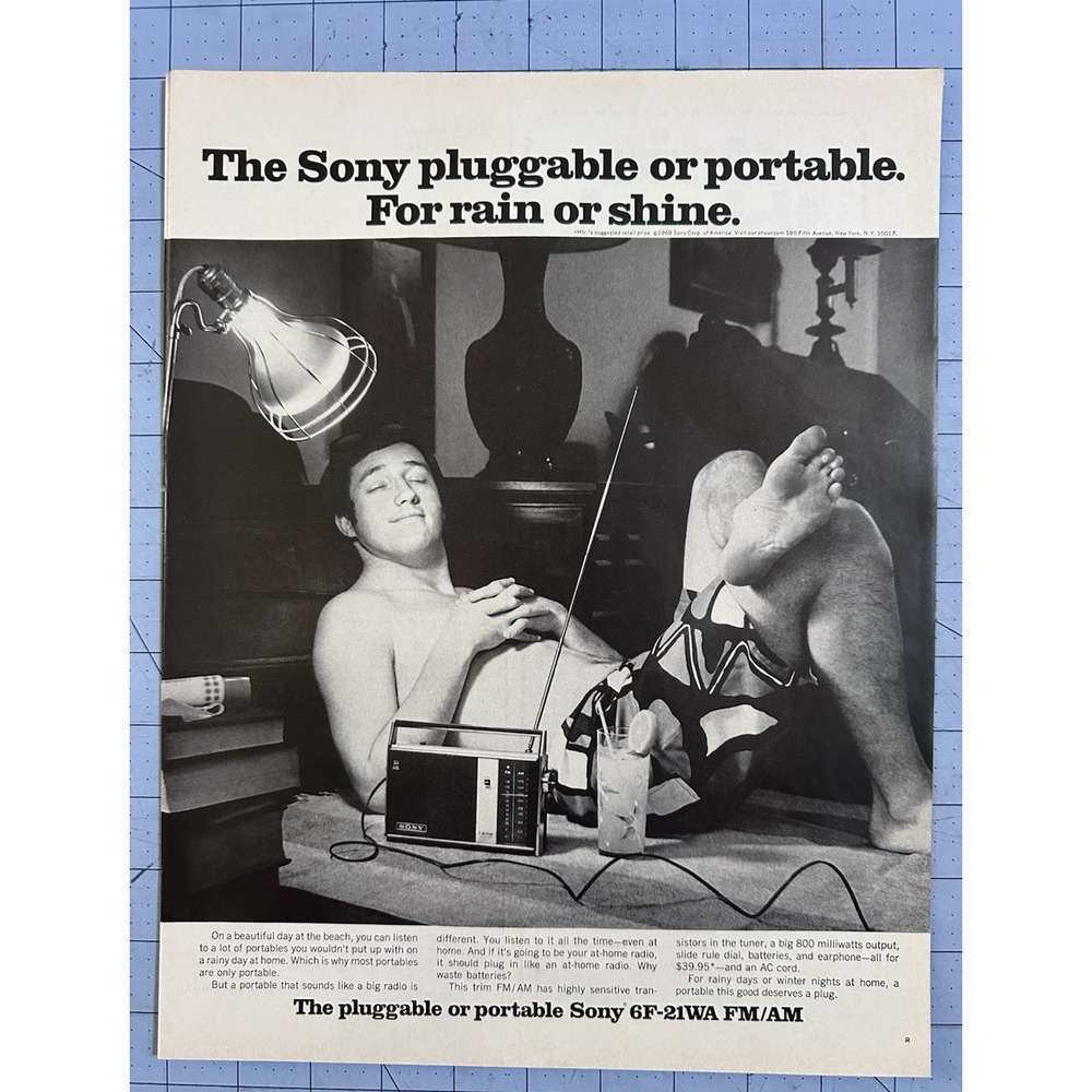 1969 Print Ad Sony Pluggable Portable Radio Rain Shine